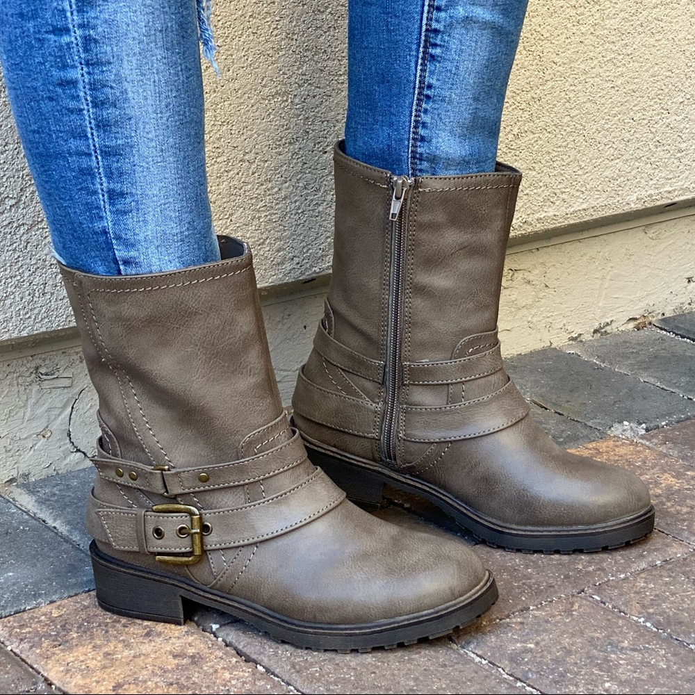 Taupe Mid Shaft Buckle Straps Lug Sole Moto Boots